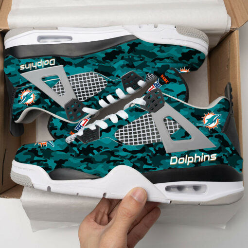 Miami Dolphins Camo Personalized AJ4 Sneaker BG76